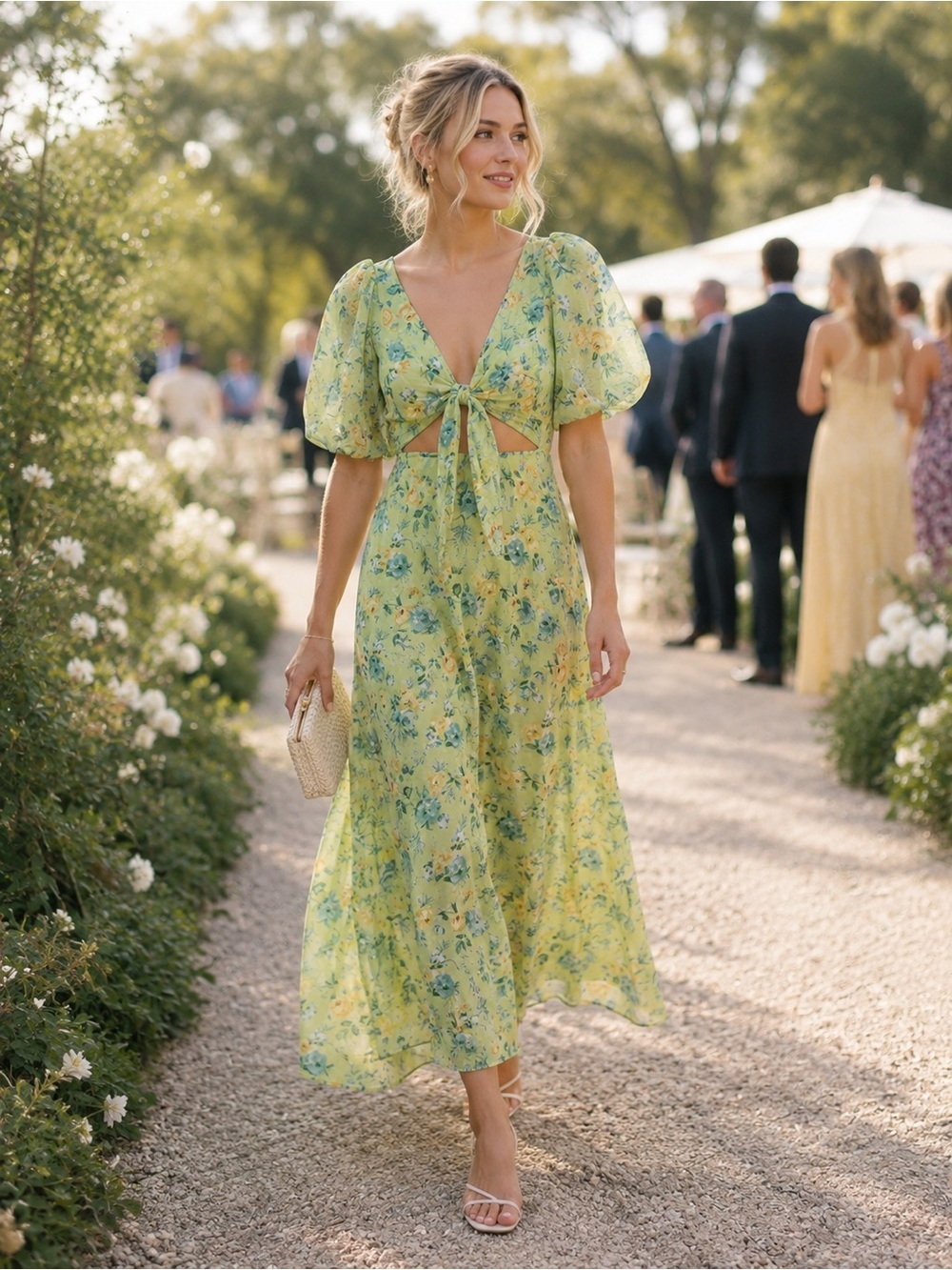 Floral Dress Tie-Front Puff Sleeve Midi Lemon Green Dress MSRP $82
